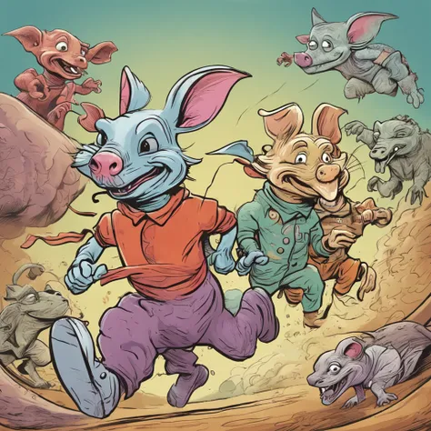 An anthropomorphic mouse, an anthropomorphic pig, an anthropomorphic dragon running fast together in the background with a space-time tunnel, all dressed in human clothes