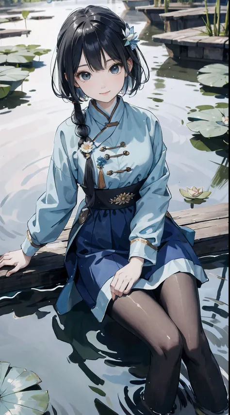 hoang lap，8K high resolution，ultra - detailed，（1girll：1.3），handpainted，Simple lines，16-year-old girl wearing light blue Chinese clothes and black pantyhose，beuaty girl，In the lotus pond，tmasterpiece，Sit on a plank floating in the water，Floating hair，lookin...