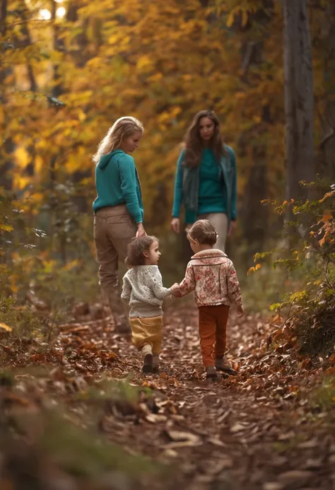 A boy and a girl with Mom strolling in the woods