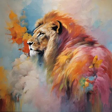 A hyper-realistic lion in the clouds surrounded by beautiful butterflies