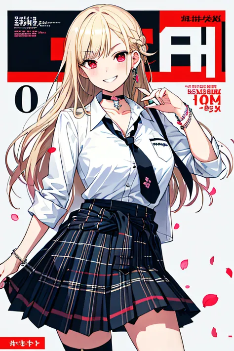 masterpiece, best quality,  full body,
1girl, bangs, black choker, black necktie, blonde hair, blue skirt, blush, bracelet, breasts, choker, clothes around waist, collarbone, collared shirt, cowboy shot, dress shirt, ear piercing, eyebrows visible through ...