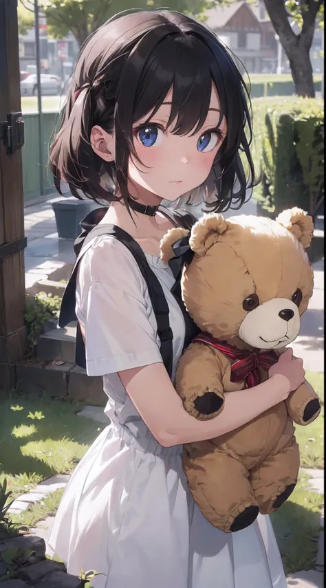 ​masterpiece、high-level image quality、detaileds、Dense、１６Ｋwall-paper、(((Since a while ago:1.5)))、Room、((Dense stuffed animals：1.8))、girl with、1人、object hug、(((Holding a giant stuffed bear)))、Silky hair、Pure white dress with open back、small tits 、bob cuts、pi...