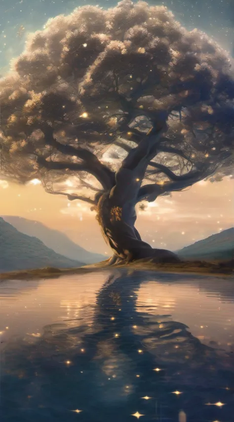 A massive bay tree stands rooted in the vast expanse of the universe, its robust trunk intertwined with the twinkle of stars. The tree is inundated with golden and white flowers, interspersed with clusters of oddly shaped meteorites that float around it. T...