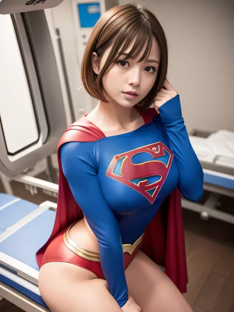 ​masterpiece,Supergirl Costume, short-hair, bare-legged, large full breasts,surgery room、Operating table、straddle、depraved、shiny、Looking at the camera、Provocation、estrus