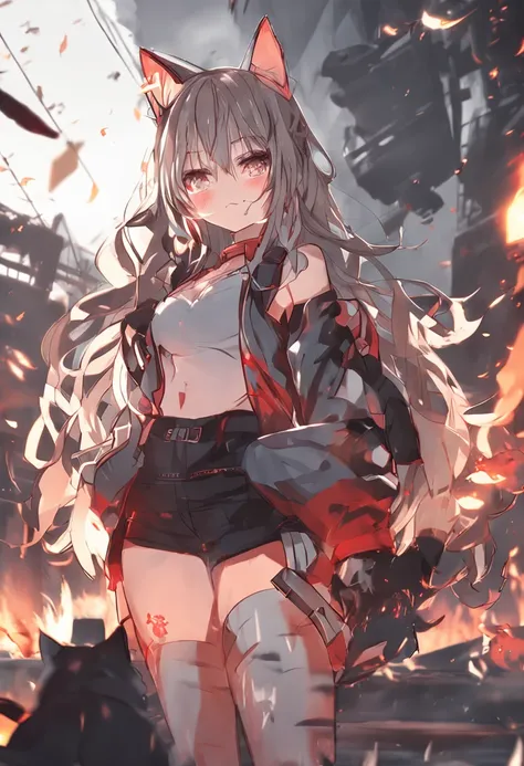 Anime girl with long hair and cat ears standing in front of a fire, Badass anime 8 K, style of anime4 K, trending on artstation pixiv, anime moe art style, Anime art wallpaper 8 K, Kantai collection style, Guweiz in Pixiv ArtStation, zerochan art, Anime ar...