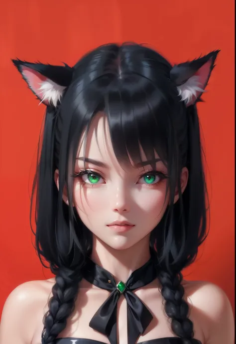 Headshots, anime, cat girl, black hair, middle hair, emerald eyes