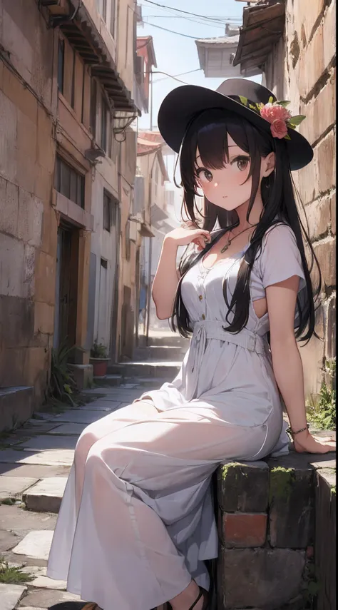 It depicts a young girl exploring traditional ruins in the Middle East。She is cute and has outstanding beauty.、It has a dainty and clear expression。She wears a white dress and brown vest.、I wear a pendant around my neck。Her hairstyle is long straight hair....