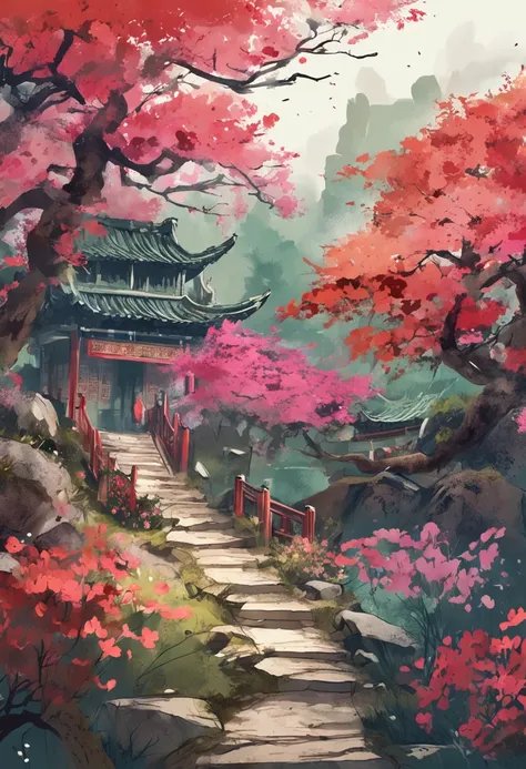 Lots of flowers，A forest path， Chinese watercolor style, k hd，Traditional Chinese watercolor，Traditional Chinese painting，