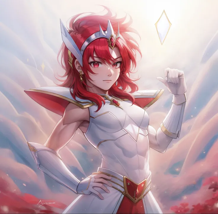 Anime boy in white dress with red hair and sword, Knight of Zodiac Boy, Portrait Knight of Zodiac Boy, Galactic Prince, drawn in the style of artgerm, Muscular men, masculine and muscular, Dress Armor Boy, In ruby armor, Enchanting Prince Night, Commission...