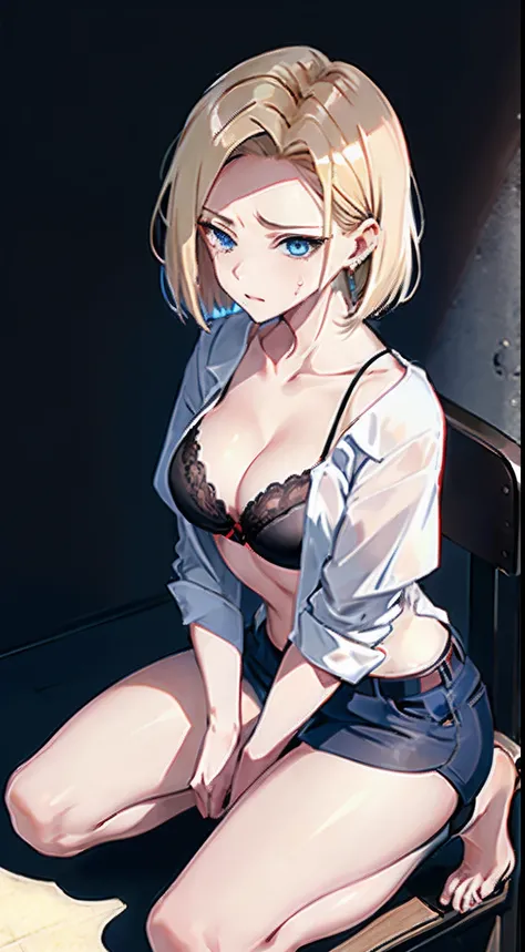 top-quality, hight resolution, 18 with, 1girl in, Android 18, 独奏, blonde  hair, blue eyess, shorth hair, 耳Nipple Ring, jewely, Medium chest, cowboy  shot, Street, uniformss,Buttoned shirt、open-shirt、cleavage of the breast、Impatient expression、Chagrined mou...