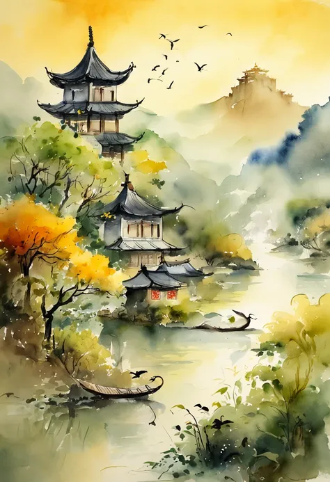 Yellow crane tower，Three cranes，Immortals，baiyun，eventide，green trees，Grass，Smoke waves on the river