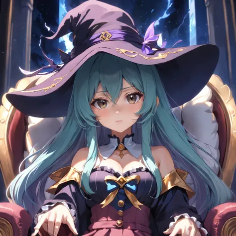 A closeup of a woman sitting in a chair wearing a hat, mulher bonita sedutora do anime, estilo de arte de fantasia, classical witch, (20 anos), mulher bonita do anime, Magical beautiful, menina anime loira com cabelo longo, menina anime bonita, feiticeira ...