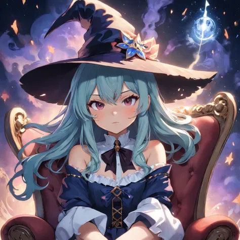 A closeup of a woman sitting in a chair wearing a hat, mulher bonita sedutora do anime, estilo de arte de fantasia, classical witch, (20 anos), mulher bonita do anime, Magical beautiful, menina anime loira com cabelo longo, menina anime bonita, feiticeira ...