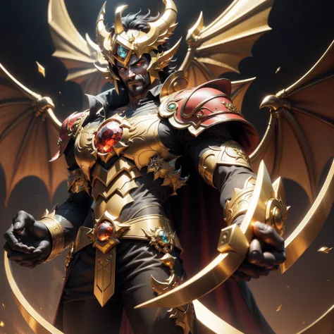 cultivating immortals，A man holds a kingdom of gold in his hand，The left eye is golden，The right eye is red，There is a divine ring behind him，There is a faint dragon phantom behind it