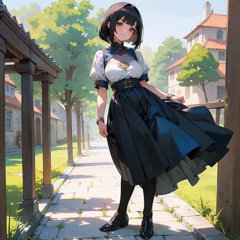 With the best image quality、Teenage girl standing alone outdoors。In high resolution、Beautiful fine details、tranquil atmosphere。((Black Hair Bob Hair))、Cute smile。(((breasts are large)))、I dont have anything in my hands、realistic hand、Medieval European nati...