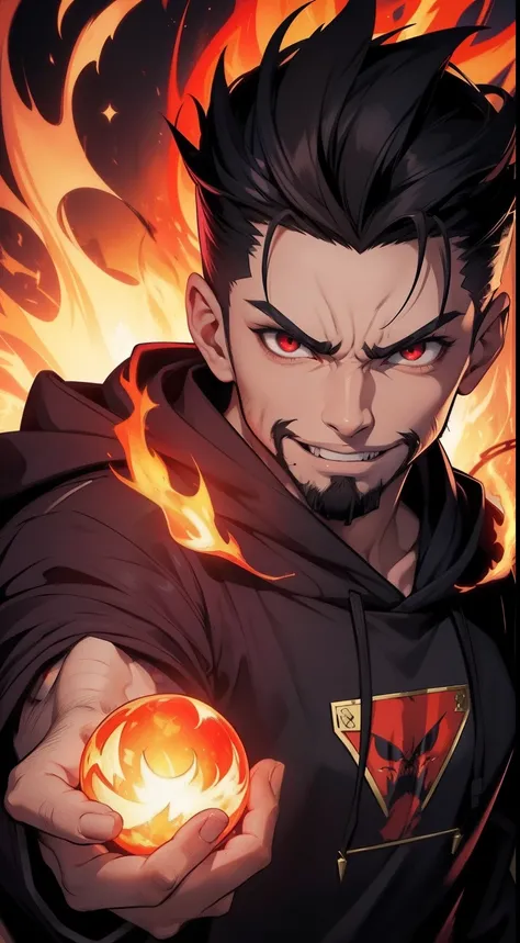 1man,goatee, masterpiece, perfect face, expressive, crazy smile,close up, spell, fire, magic, mad,madness, dark,night, cinematic, particles, burnin, hot, ((lighting underneath)), horror, badass, hoodie, red eyes, amapire fangs, fire sphere, magic sphere,