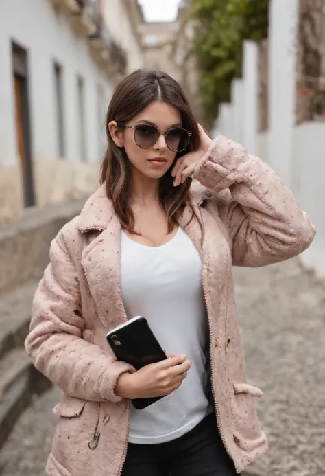 Perfeitamente centrado, um gatinho bonito de corpo inteiro, vestindo uma jaqueta de estudante, wearing sunglasses, Usando fones de ouvido, Standing position, beleza abstrata, Centrado, looking at the camera, Facing the camera, Approaching perfection, Dynam...