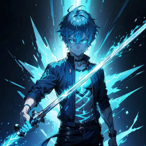 Boy, blue glowing eyes, blue hair, grin, blue aura, holding blue energy sword, damaged clothes