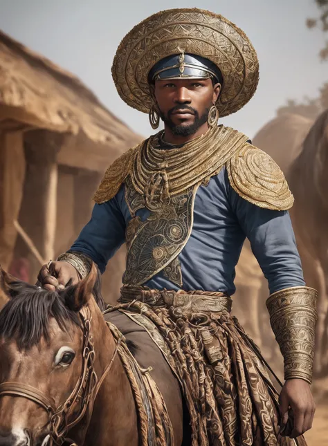 an African man in African designed warrior clothes with a sword and a hat sitting on a horse, with iridescent light, highly detailed images, vibrant beautiful colours, photorealistic image, 8k, ultra HD, unreal engine rendered, cinematic lighting, artgerm ...