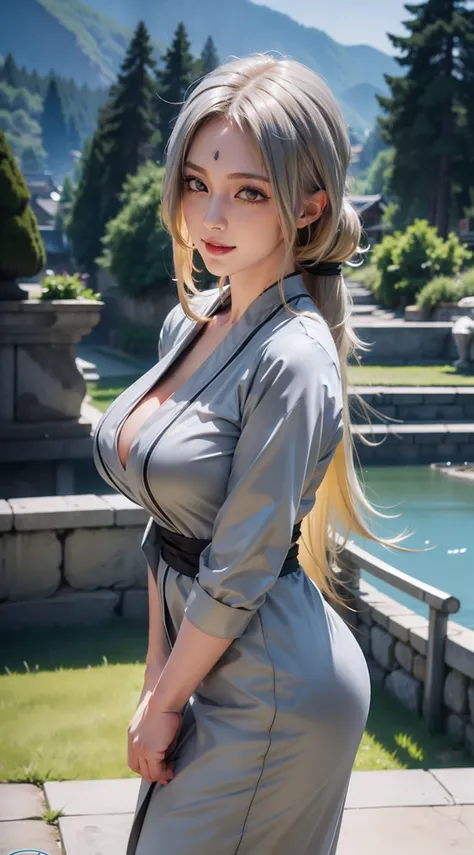 1girl, tsunade in anime naruto, long hair, yellow hair, yellow eyes, smile, beautiful, sexy dress, sexy clothes, grey clothes, very big breast, realistic clothes, detail clothes, outdoor background, ultra detail, realistic