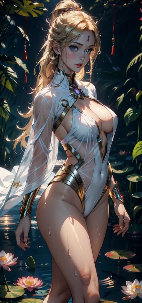 1female，36 years old，Bigchest，Raised sexy，Pornographic exposure， 独奏，（Background with：Surrounded by a sea of flowers，lotus flower，lotuses，Lotus pond） She has very short blonde hair，standing on your feet，Sweat profusely，drenched all over the body，seen from t...