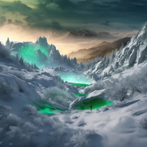 Best quality, Masterpiece, green oasis in snow land, high snow mountains, high resolution, (photograph realistic:1.4), surrealism, Dream-like,fusionart, Shadowdancer, shadow magic, darkness control, stealth, shadowstep, umbral spells, hidden blade,