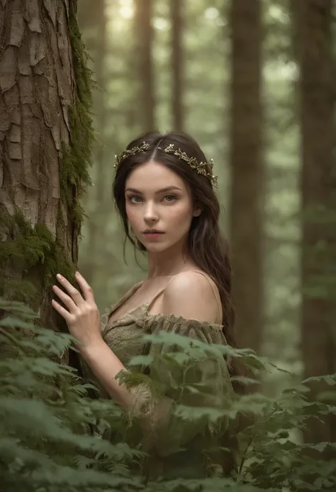 (nsfw:1.5), soft-lighting, (fantasy rendering in a forest), matte painting portrait photo, Realistic fantasy photography,of a girl from another world, skin of bark, barely visible from the woods in the background, almost invisible, staring intently, as if ...