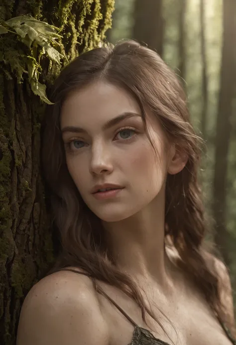 (nsfw:1.5), soft-lighting, (fantasy rendering in a forest), matte painting portrait photo, Realistic fantasy photography,of a girl from another world, skin of bark, barely visible from the woods in the background, almost invisible, staring intently, as if ...