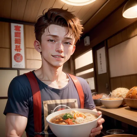 Tom Holland、detailed facial features、The fund is a ramen shop in Japan、Tom Holland eating ramen、Inside a ramen shop called Jiro Ramen in Japan、um sorriso、Tom Holland is a man、