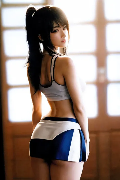 rialistic photo、Real Images、Top image quality、poneyTail、Similar to Taho Tsuchiya、White tank top and blue slit super mini skirt、The skirt is too short and the panties are visible、Sexy ass、asian female, Tifa Lockhart, Tifa, Tifa Lockhart, Japanese Models, se...