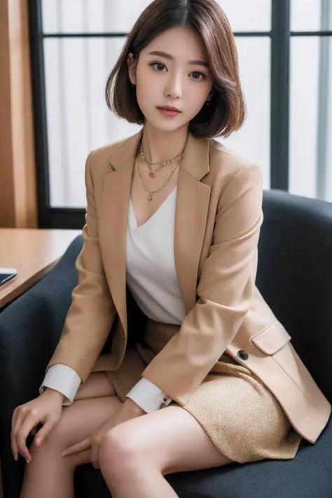 (Best quality, 8k, 32k, Masterpiece, UHD:1.2),Photo of Pretty japanese woman, 1girl, (medium-short dark brown hair), double eyelid, thin beige suit jacket, white tank top, brown skirt, necklace with small charm, sitting on office chair aiuehara