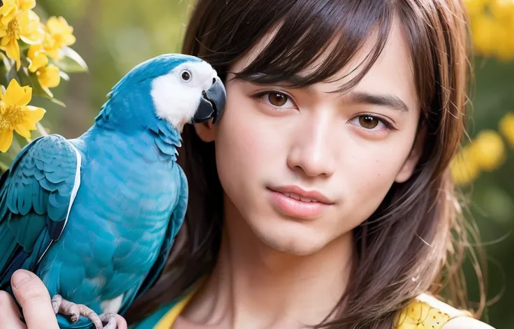 A handsome man is enjoying a cute spring outing with her cute parrot，Surrounded by beautiful yellow flowers and nature。The illustration is a high-definition illustration in 4K resolution，With very detailed facial features and cartoon-style visuals，（Butterf...