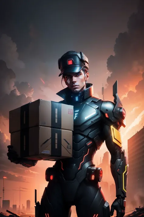 World-class male cyborg holding huge box in both hands，wearing hat，Side Body，Whole body movement，Logistics staff，Red-yellow sky, Post-apocalyptic art,Sci-fi, glitchcore, CGSesociety, mixed media, dystopian art, Black and neon cosmic art,