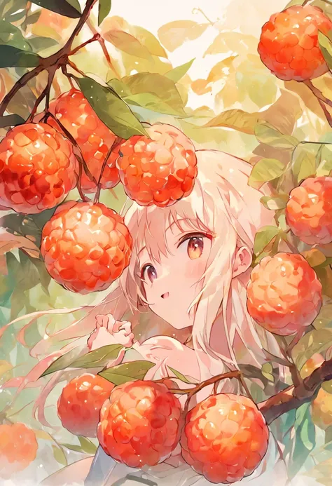 white backgrounid，litchi, watercolor paiting， full color digital illustration ，the fruits、litchi，With fruit poster