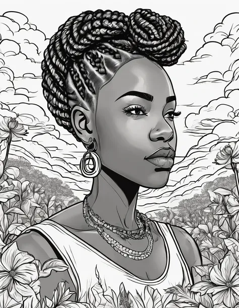 (((black woman) AND (detailed cornrow hairstyle)) AND (direct eye contact)) OR ((field of flowers) AND (close-up)) OR ((portrait) AND (clouds)) OR ((line art) AND (colorful books)) OR ((cartoon style) AND (pure white background))