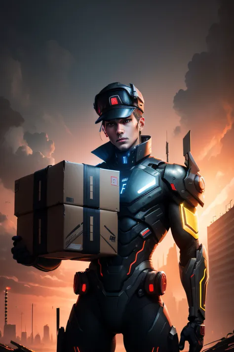 World-class male cyborg holding huge box in both hands，wearing hat，Side Body，Whole body movement，Logistics staff，Red-yellow sky, Post-apocalyptic art,Sci-fi, glitchcore, CGSesociety, mixed media, dystopian art, Black and neon cosmic art,