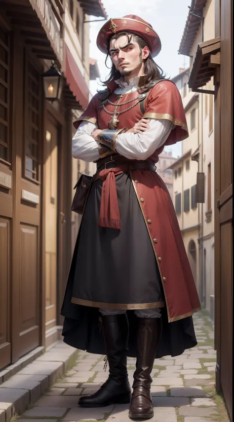 Giovanni da Empoli, merchant, Firenze, Florence, Italian, 16th century, renaissance, age of exploration, fluffy hair, little merchants hat, with reddish proper Italian clothes and proper Italian boots, 20 years old, very young man, navigator, angry, angry ...