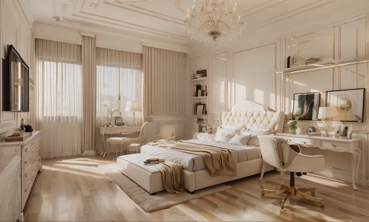 there is a bedroom with a bed, desk, and mirrors, Neoclassical style, cream - colored room, neo - classical style, vray 8k render, elegant render, elegant and refined, 8k vray render, corona rendered, neoclassicism style, cream and white color scheme, luxu...