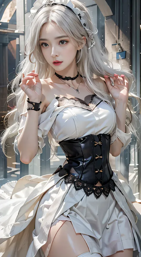 Photorealistic, High resolution, 1womanl, Solo, hips up high, view the viewer, (Detailed face), White hair, Long hair, maid clothes, Jewelry、）（off shoulders）、（((Raise the skirt to the chest))）、）（up skirt）（（Black lace panties visible））