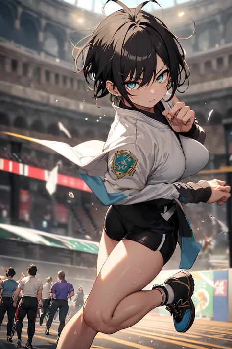 profetional lighting、pretty skin、Her eyes shone like stars、(((in 8K, Raw photo, Best Quality))), disheveled hair、Glossy hair、shinny skin、Curvaceous but slender、1 Female Martial Artist、Background with：Unpopular Roman Colosseum、well-muscled、muscular legs、Spl...