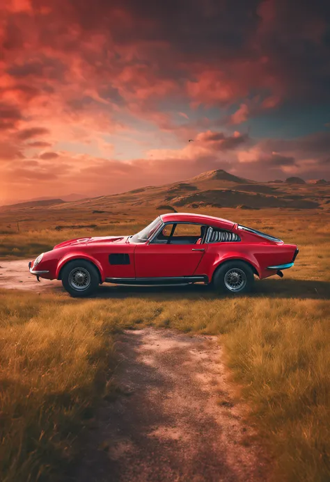 An elephant with a red car，Side by side on the endless grasslands