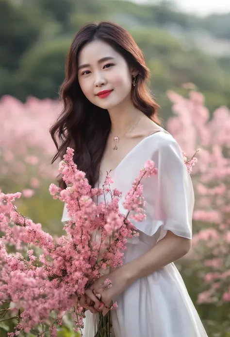 A woman holds a bouquet of flowers in front of a bush, jaeyeon nam, xintong chen, xision wu, beautiful Korean women, Shin Jinying, young cute wan asian face, Chinese girl, headshot profile picture, Korean girl, young lovely Korean faces, Beautiful young Ko...