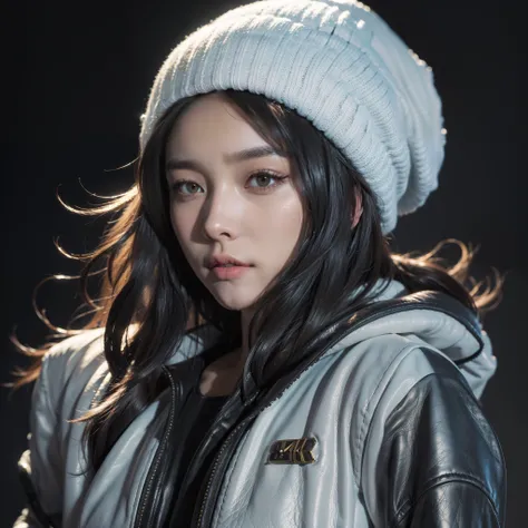 (
(8k:1.27), best quality, masterpiece, ultra highres:1.2) Photo of Pretty Japanese woman
 (beautiful:1.1) (sci-fi warrior woman:1.1) space soldier, (beanie:1.61) (leather jacket:1.21) intricate elegant, fantasy, detailed, ometric by greg rutkowski and alp...