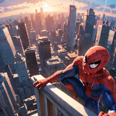 Spiderman ((com mascara)) on top of a skyscraper, imagem fantastica, Closeup, Cena de filme, 8k, todd mcfarlane