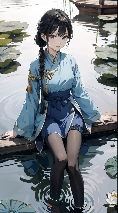 hoang lap，8K high resolution，ultra - detailed，（1girll：1.3），handpainted，Simple lines，16-year-old girl wearing light blue Chinese clothes and black pantyhose，beuaty girl，In the lotus pond，tmasterpiece，Sit on a plank floating in the water，Floating hair，lookin...