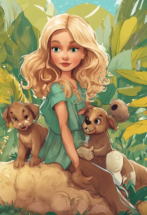 estilo infantil, livro infantil, pricesa da floresta, de cabelos verdes e olhos brilhante, for kids,com animais