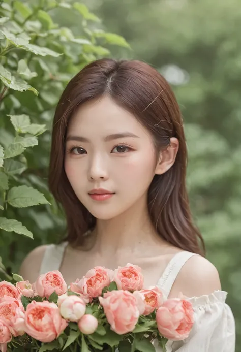 A woman holds a bouquet of flowers in front of a bush, jaeyeon nam, xintong chen, xision wu, beautiful Korean women, Shin Jinying, young cute wan asian face, Chinese girl, headshot profile picture, Korean girl, young lovely Korean faces, Beautiful young Ko...