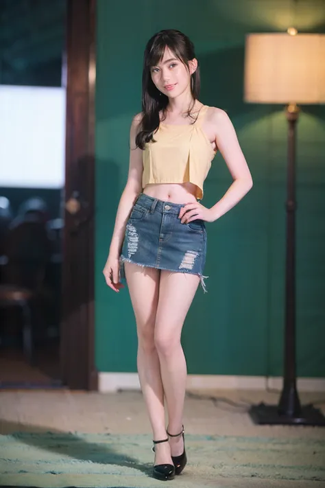 (8K、Raw photography、top-quality、​masterpiece:1.2)、(realisitic、Full body posture、poneyTail、Photorealsitic:1.37)、Respectable hips、Beautiful ass、poneyTail、Tank Tops、Denim Mini Skirt、One leg is raised to reveal underwear、Full body posture、Panchira、ultra-detail...