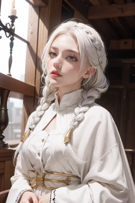 best quality, masterpiece,white hair, gold eyes,white clothes, looking up, upper body,hair strand,Fair skin,side braids