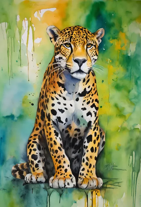 jaguar; aquarela; pintura expressionista; animal; selva; qualidade